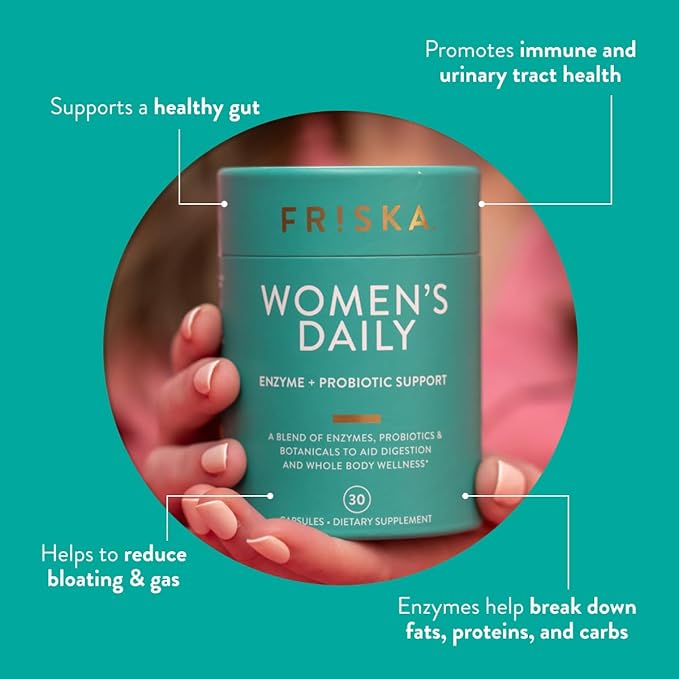 Friska Daily Digestive Enzymes with Probiotics for Women - Helps Break Down Food, Reduce Bloating & Gas - with Cranberry, Vitamin D & Biotin, 90 Capsules