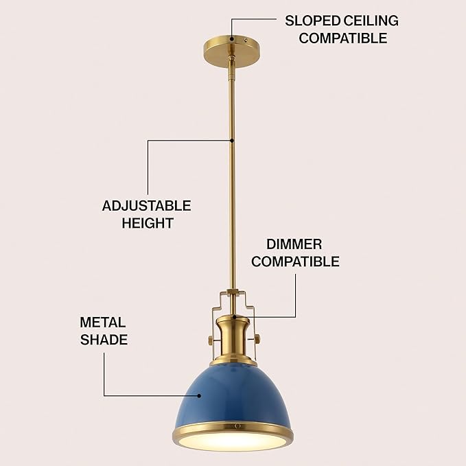 JONATHAN Y JYL9535G 10" Modern Industrial Dome Pendant Light, Farmhouse Hanging Light Fixture in Navy and Brass Gold, Adjustable Height Metal Lighting for Kitchen Island, Dining Room, Entryway