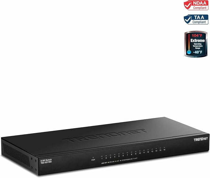 TRENDnet 16-Port Unmanaged 2.5G Desktop Network Ethernet Switch, TEG-S3160, 16 x 2.5Gb RJ-45 Ports, 80Gbps Switching Capacity, Ethernet Splitter, NDAA & TAA Compliant, Lifetime Protection, Black