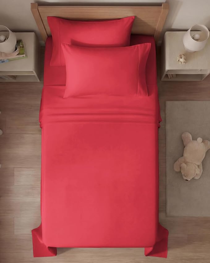 Twin 4 Piece Sheet Set - Comfy Breathable & Cooling - Ultra Soft Hotel Luxury Bedding Set with 8-16 Inch Deep Pockets - 1 Flat & 1 Fitted Sheet & 2 Pillowcases - Cozy, Wrinkle Free & Easy Care - Red