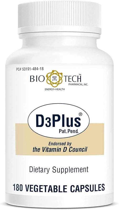 Bio-Tech Pharmacal D3プラス、植物性カプセル180粒 – 全天然サプリメント – 骨格と心臓血管の健康をサポート – 乳製品、魚、グルテン、ピーナッツ、甲殻類、大豆不使用