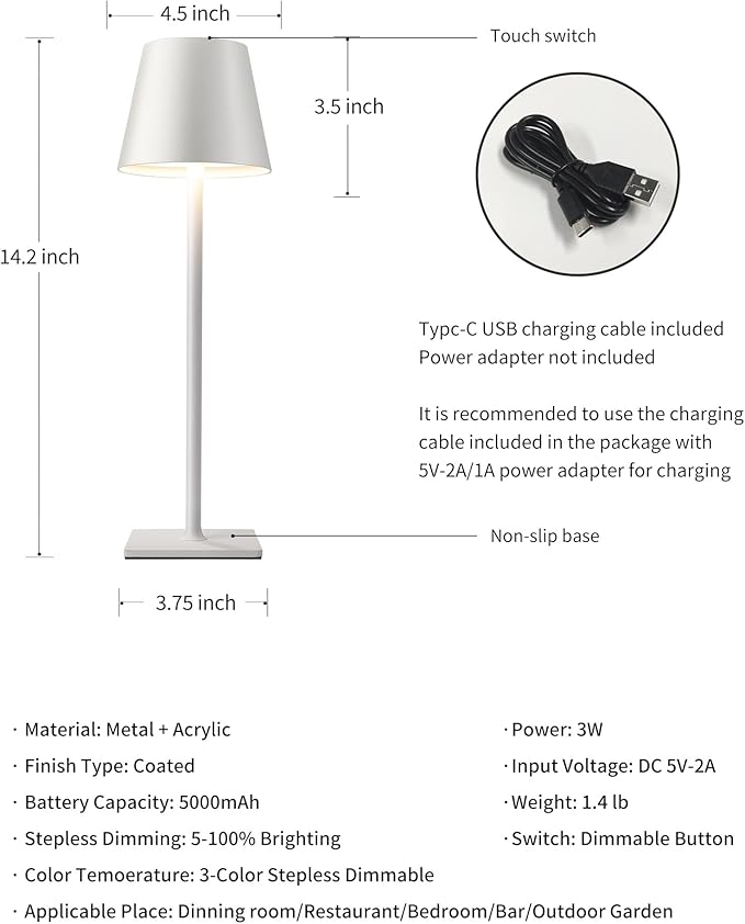 KDG 2 Pack Cordless Table Lamp, Portable LED Desk Lamp, 5000mAh Battery Operated, 3 Color Stepless Dimming Up, for Restaurant/Bedroom/Bars/Outdoor Party/Camping/Coffee Shop Night Light(White)