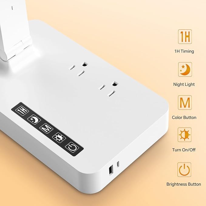 Desk Lamp with USB Charging Port: Table Lamp with Power Strip, Charging Station - 2 Outlets 1 USB-A Ports 1 Type-C Ports, Surge Protection, 5ft Extension Cord, 5 Color Modes 5 Brightness (White)