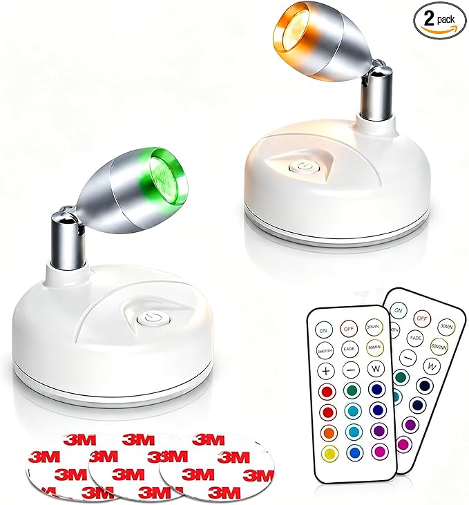 Spot Lights Indoor Battery Operated Uplights with Remote, RGBW 13 Color Wireless LED Spotlights Mini Stick On Wall Accent Lights Rotatable Head with Dimmer & Timer for Artwork Painting Closet