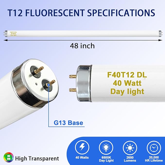 amgolibi 8-Pack 48 Inch F40T12/DL 40W 6500K Daylight Fluorescent Light Bulbs, 4ft T12 Linear Tube Lights, 2650 Lumens, G13 Bi-Pin Base, Daylight, for Workshop, Garage, Office