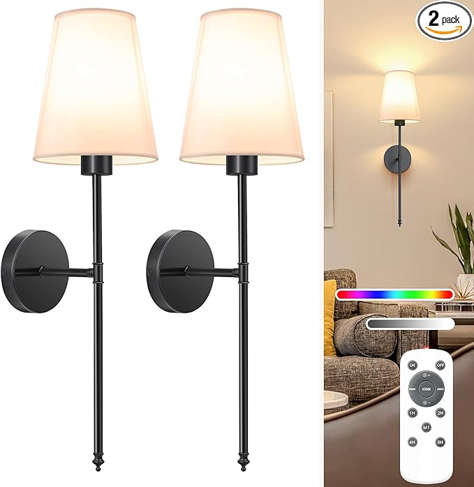 NIORSUN 25.4 inch Battery Operated Wall Sconce Set of 2,Black Rechargeable Wall Lights with 10400mAh Dimmable Detachable Bulbs and Remote,9 Colors Wireless Sconces for Bedroom Living Room Hallway