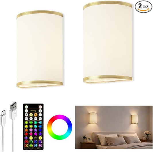 EZVALO Battery Operated Wall Sconce, Wireless Wall Sconces Set of Two with Remote, 3 Color & 80 RGB Rechargeable Wall Lights, Dimmable, Timer, Fabric Linen Shade Wall Decor for Bedroom (White)