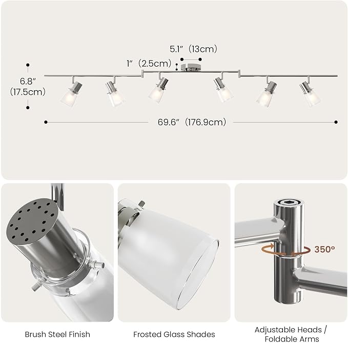 6-Light Decorative Track Lighting Kit, Brushed Steel Finish Flush Mount Ceiling Light Fixture with Frosted Glass Shades, Foldable Z-Bar, E26 Adjustable Heads Provide Directional Light