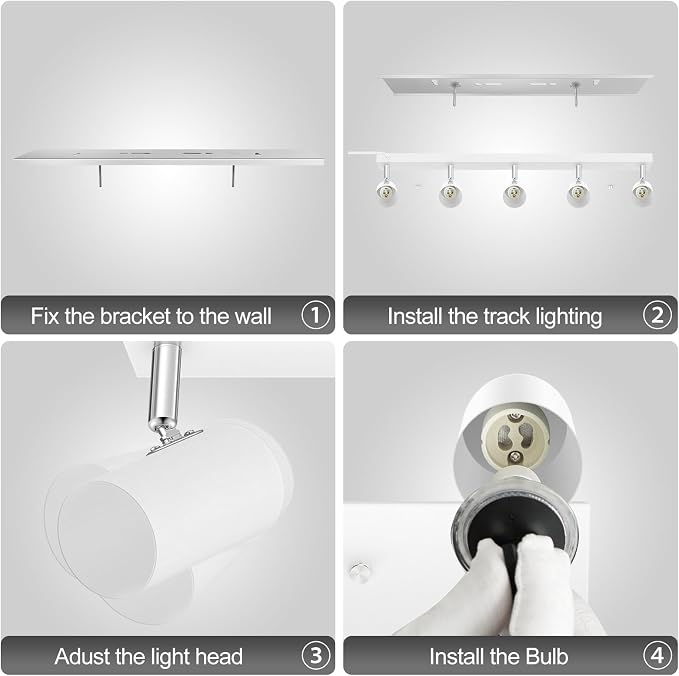 Plug in Track Lighting, LED Track Light Kit, White 5-Light Large Track Lights for Kitchen, 15 FT Cord,30" Large Ceiling Spotlight, Rotatable Wall Mount Light Head for Bedroom Hallway Living Room
