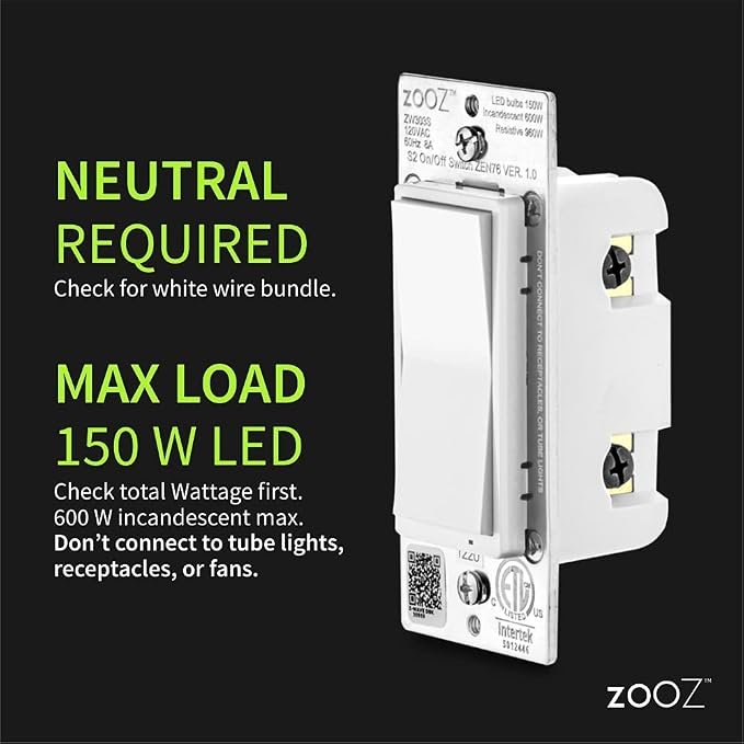 Zooz 800 Series Z-Wave Long Range S2 On Off Switch ZEN76 800LR, White | Simple Direct 3-Way and 4-Way Solution (Works with Regular Switches, No Aux Switch Needed) | Z-Wave Hub Required