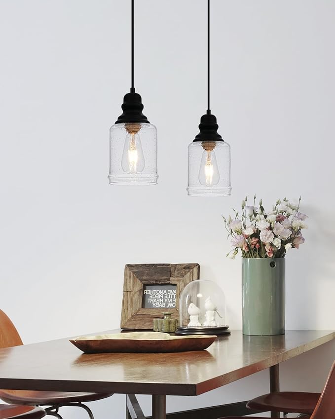 WILON Modern Glass Pendant Lights for Kitchen Island, 6.29" Mini Pandent Light Fixture with Seeded Glass Shade Black Farmhouse Pendant Lights E26 Base Hanging Kitchen Lights for Sink Dining Room