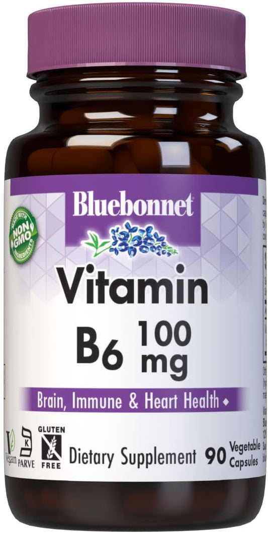Bluebonnet Nutrition Vitamin B6 Vegetable Capsules, 100 mg, for Cardiovascular and Nervous System Health, 90 Count