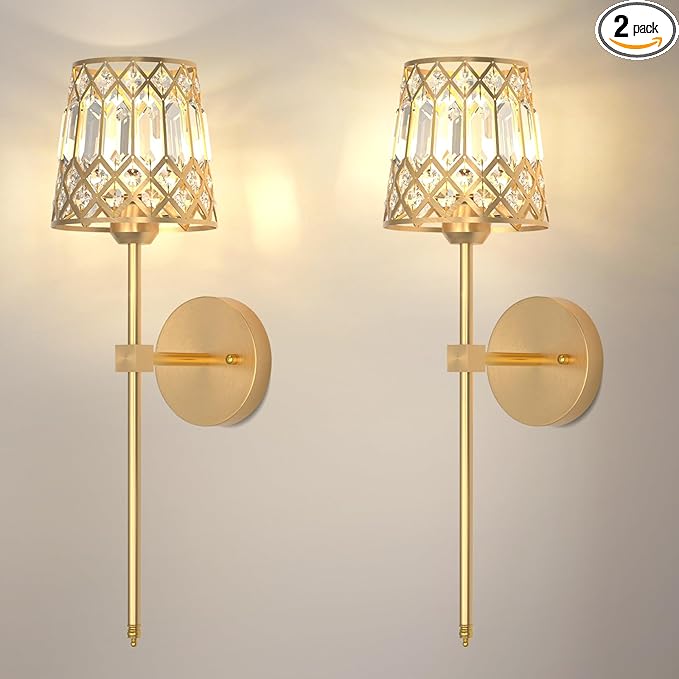 Gold Battery Operated Wall Sconces Set of 2, Crystal Rechargeable Wireless Wall Sconce Light Fixtures for Home Decor, Dimmable 12 RGB and 3CCT Wall Lamps with Remote for Living Room Bedroom Hallway
