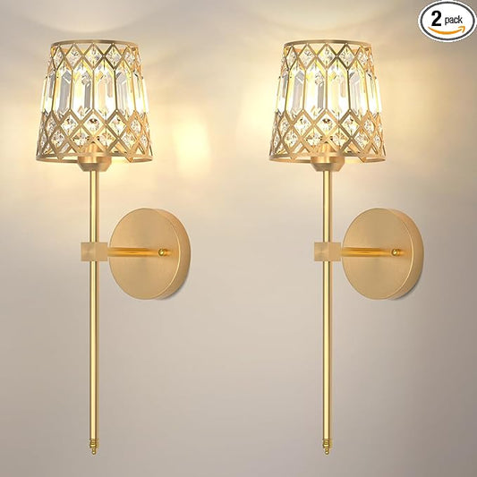 Gold Battery Operated Wall Sconces Set of 2, Crystal Rechargeable Wireless Wall Sconce Light Fixtures for Home Decor, Dimmable 12 RGB and 3CCT Wall Lamps with Remote for Living Room Bedroom Hallway