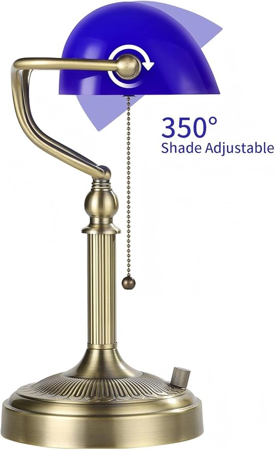 Blue Glass Bankers Desk Lamp, Stepless Dimmable Table Lamp Plug in Fixture for Study, Home Office, LED Bulb Included
