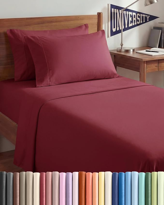 Twin XL 4 Piece Sheet Set - Comfy Breathable & Cooling - Ultra-Soft Hotel Luxury Bedding Set w/ 8-16 Inch Deep Pockets - 1 Flat & 1 Fitted Sheet & 2 Pillowcases - Wrinkle Free & Easy Care - Burgundy