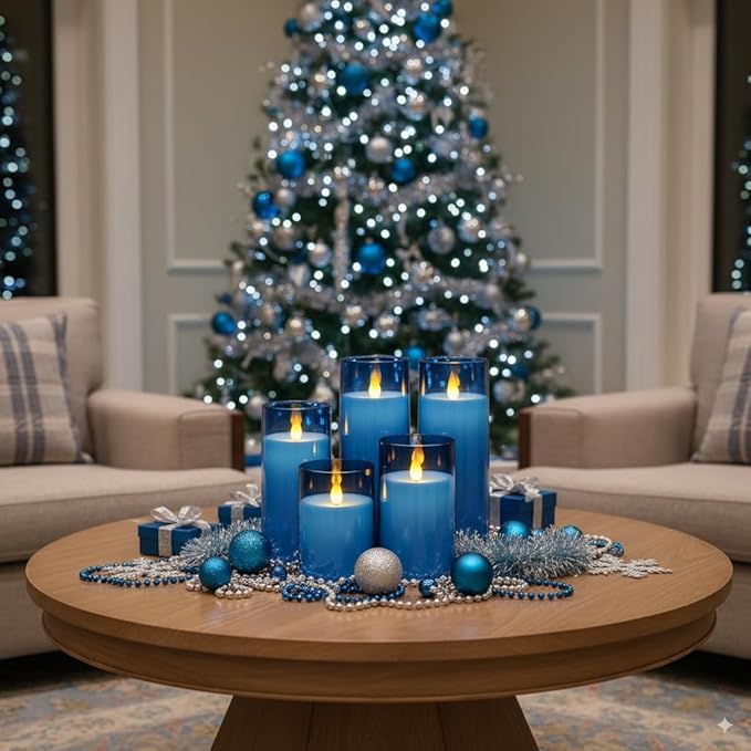 Homemory Blue Flickering Flameless Candles, Battery Operated Acrylic LED Pillar Candles with Remote Control and Timer, Blue Decor, Set of 5