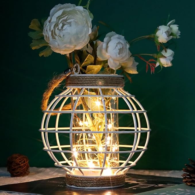 JHY DESIGN Metal Cage LED Lantern Battery Powered,7.3" Tall Cordless Accent Light with 20pcs Fairy Lights.Great for Weddings, Parties, Patio, Events for Indoors/Outdoors(White)