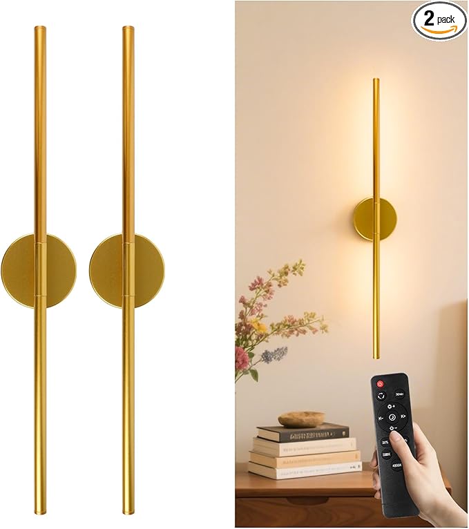 GvvooHome Battery Operated Wall Sconces Set of 2, 10000mAh Wireless Rechargeable Wall Lights Dimmable Detachable Wall Lamp with Remote Control, 3000K-6500K Dimmable Wall Sconce 28.3 Inch Gold