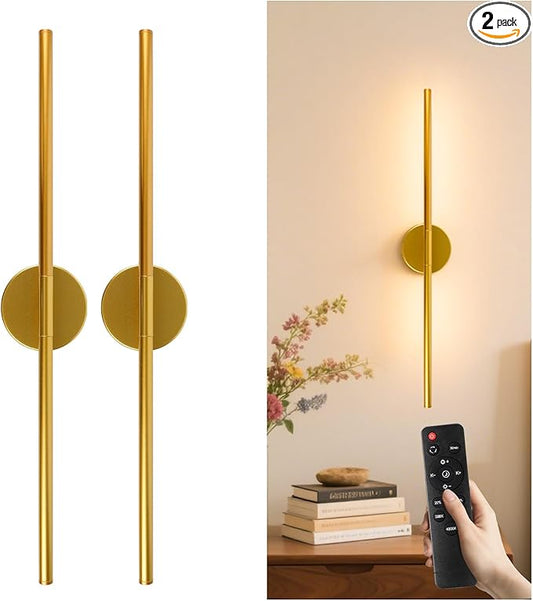 GvvooHome Battery Operated Wall Sconces Set of 2, 10000mAh Wireless Rechargeable Wall Lights Dimmable Detachable Wall Lamp with Remote Control, 3000K-6500K Dimmable Wall Sconce 28.3 Inch Gold