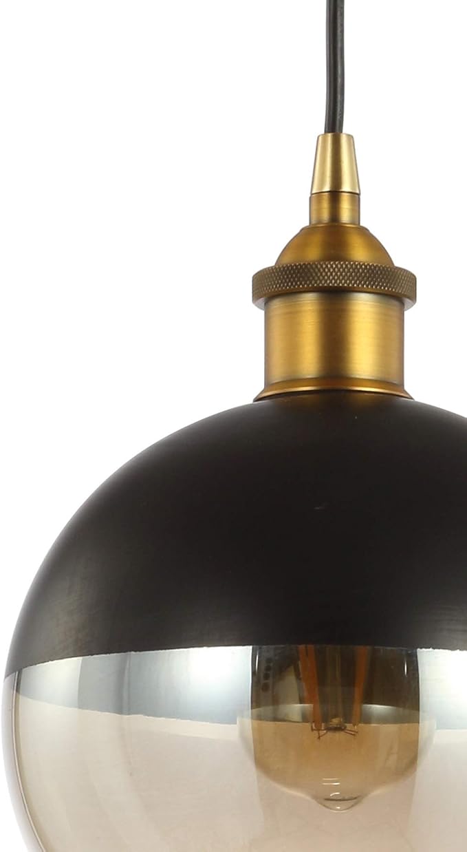 JONATHAN Y 7.5" Brass Gold/Black Mid-Century Modern Globe Pendant Light, Adjustable LED Hanging Ceiling Fixture, Champagne Smoked Glass Shade for Kitchen Island JYL3513A