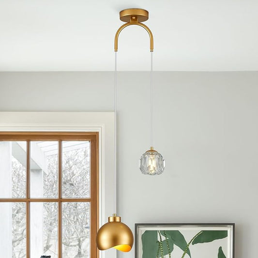 2 - Light Modern Pendant Light with Crystal Accent, Gold Pendant Light Hallway, Unique Hanging Light Fixture for Entryway Bedroom Kitchen Island