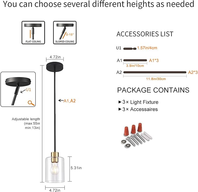 Modern 3 Pack Black Gold Pendant Lights for Kitchen Island, Brushed Brass Modern Hanging Light with Clear Glass Shade, Adjustable Metal Rod Pendant Lighting for Dining Room, Living Room, Bar, Entryway