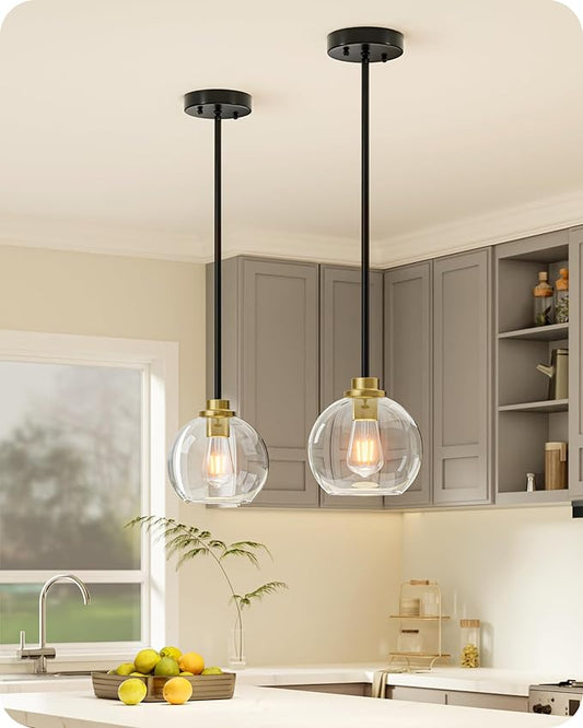 EDISHINE Mid Century Kitchen Pendant Lighting Over Island 2 Pack, Clear Glass Globe Shade, Hardwired Black and Gold Adjustable Hanging Light Fixtures for Dining Room, Entryway