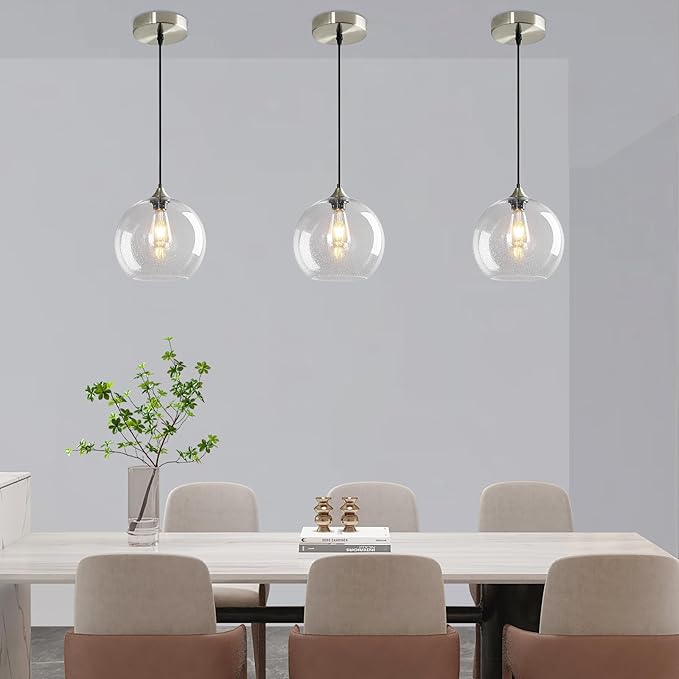Modern 3-Pack Glass Globe Pendant Lights, Clear Modern Pendant Lighting for Kitchen Island, Clear Glass Hanging Lamps for Dining Room Living Room Bedroom, Small 5.9 Inch Fixture (Bulbs Not Included)