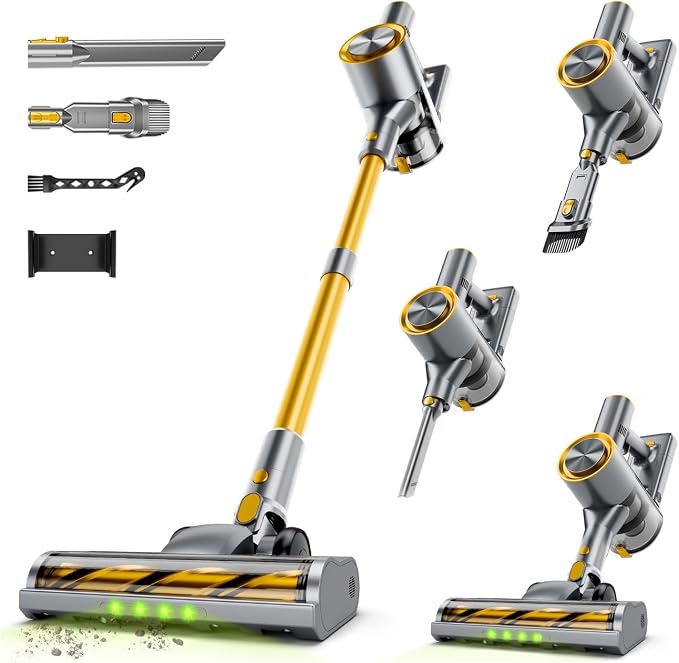 Cordless Stick Vacuum Cleaner - 40KPA Powerful Suction Vacuum with 45 Min Runtime, Detachable Battery, Anti-Tangle & 1.5L Dust Cup, 8 in 1 Vacuum Cleaner for Pet Hair, Carpet, HardFloor, Yellow