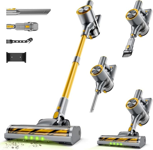 Cordless Stick Vacuum Cleaner - 40KPA Powerful Suction Vacuum with 45 Min Runtime, Detachable Battery, Anti-Tangle & 1.5L Dust Cup, 8 in 1 Vacuum Cleaner for Pet Hair, Carpet, HardFloor, Yellow