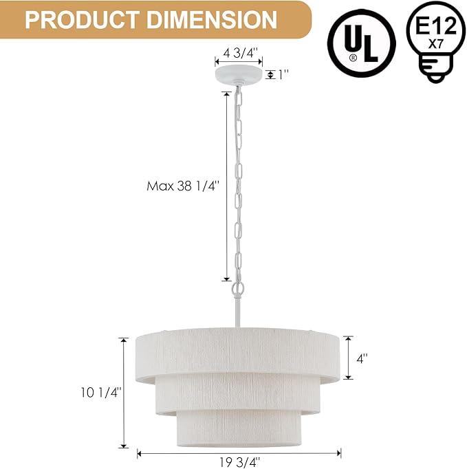 20” Boho Hand Woven Rattan Chandelier 3 Round Adjustable Coastal Pendant Light for Kitchen Island Dining Living Room, White, UL Listed