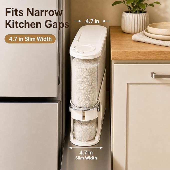 Rice Dispenser 11 Lb, Slim Rice Storage Container with Double Sealing Strip, Press to Dispense Cereal Container Airtight for Kitchen Pantry Organization, (Ivory White-11lb)