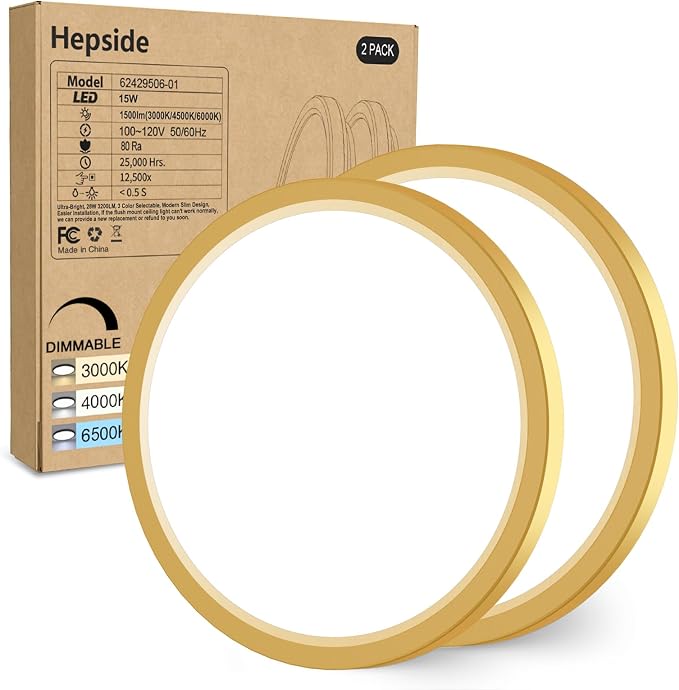 hepside 2Pack Dimmable Flush Mount Ceiling Light Fixture Golden, 3000/4000/6500K Ceiling Lamp, 7.5INCH 15W 1500LM Low Profile Light for Bedroom, Kitchen, Bathroom, Hallway