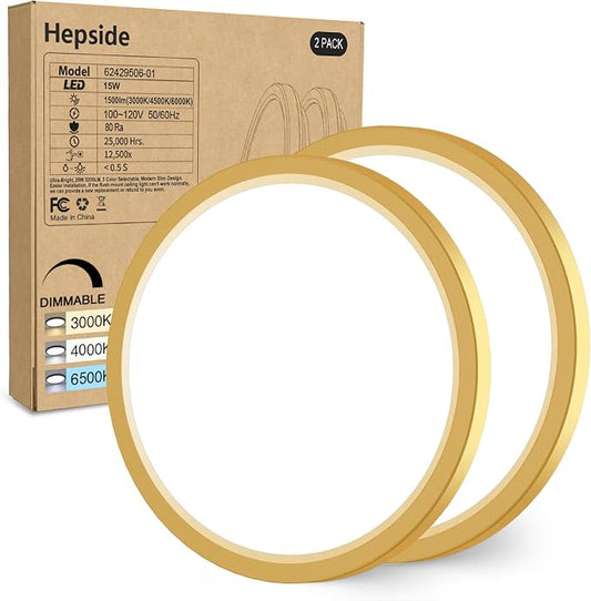 hepside 2Pack Dimmable Flush Mount Ceiling Light Fixture Golden, 3000/4000/6500K Ceiling Lamp, 7.5INCH 15W 1500LM Low Profile Light for Bedroom, Kitchen, Bathroom, Hallway