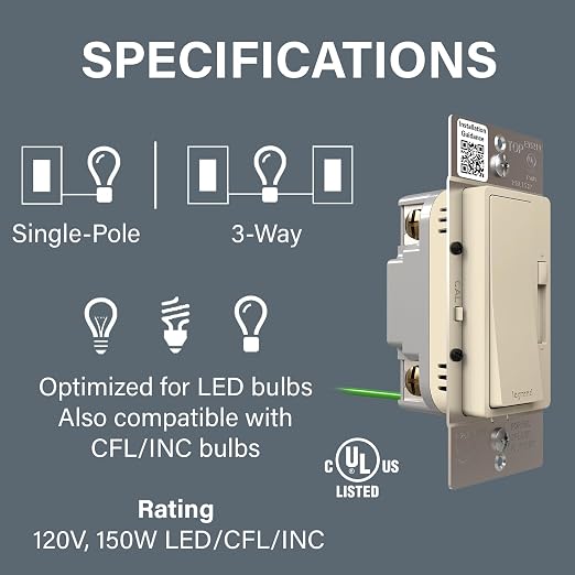 Legrand Radiant 150-Watt Dimmer Light Switch, Single-Pole/3-Way LED Dimmer for Dimmable Lights, RHL153PLA, Light Almong