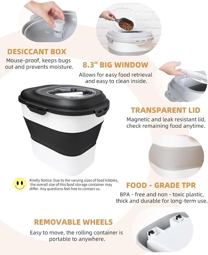 30-35 Lbs Dog Food Storage Container Collapsible Dog Food Container with Airtight Lids, Wheels, Scoop and 2pcs Food Storage Containers, Large Pet food storage for Dog, Cat (Black)