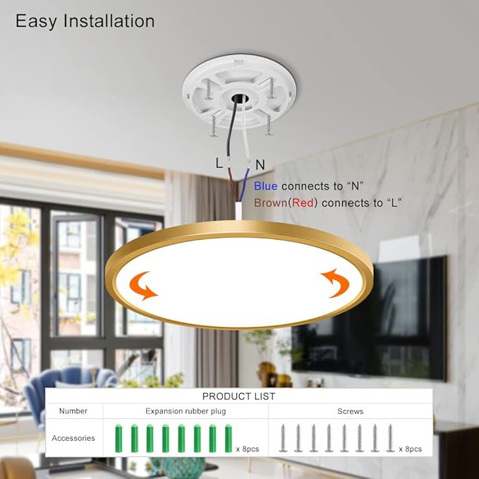 12 Inch Gold Flush Mount Ceiling Light, 2 Pack 24W 3200LM 5000K Daylight White LED Ceiling Light Fixture, Ultra Thin Round Flat Ceiling Light for Bedroom, Kitchen, Bathroom, Hallway