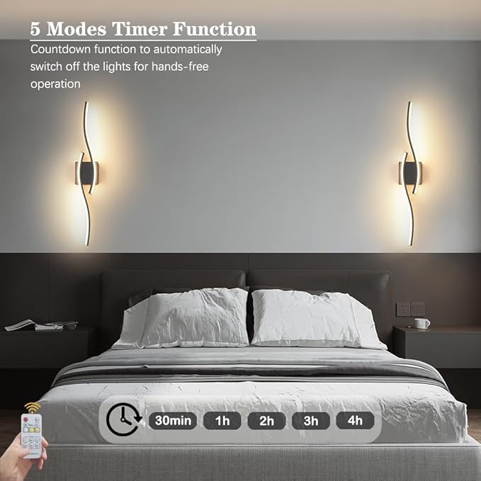 Daunton Modern Hardwired Wall Sconce Set of 2, LED Black Wall Light with Remote Control, RC Dimmable LED Wall Light Indoor, Wall Decor for Hallway Bedroom Living Room TV Wall, 27.5 in, Timer, Memory