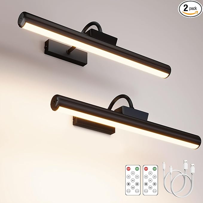 16" Aluminum Wireless Picture Lights for Wall, 5000mAh Rechargeable Battery Operated Wall Art Lighting, Dimmable 3-Color Gallery Painting Light for Pictures On Wall, with Remote/Timer [Black, 2Pack]