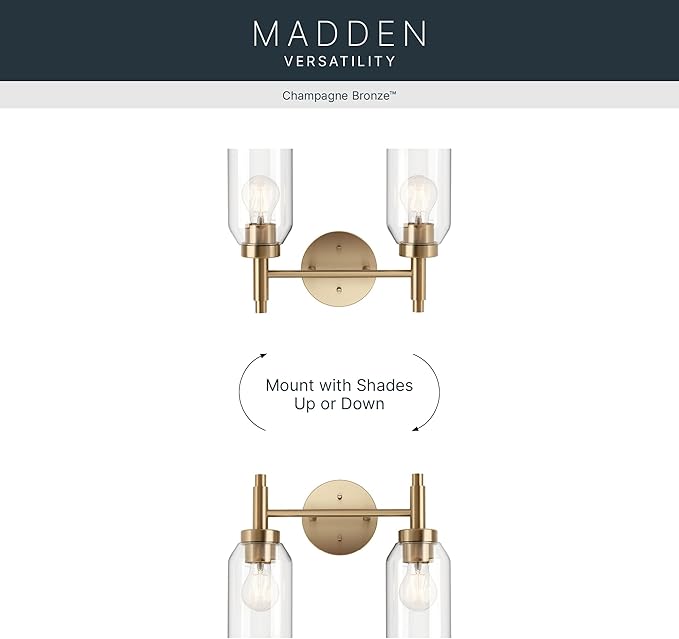 Kichler Madden 2-Light Bathroom Vanity Light Fixture with Clear Glass Shades, Modern Wall Mount Lighting in Champagne Bronze for Single or Double Vanity (10.5" x 14.25"), 55184CPZ
