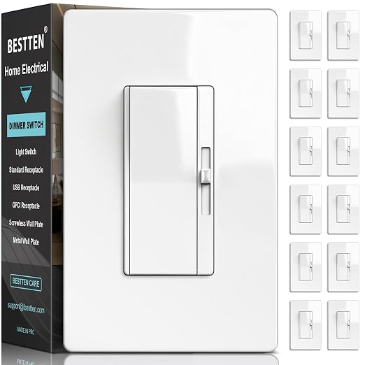 BESTTEN 12 Pack Super Slim Dimmer Light Switch, Single Pole or 3 Way Dimmable Switch, Quiet Rocker, Max 300W LED, CFL, 600W Incandescent, Screwless Wall Plate Included, ETL Listed, White