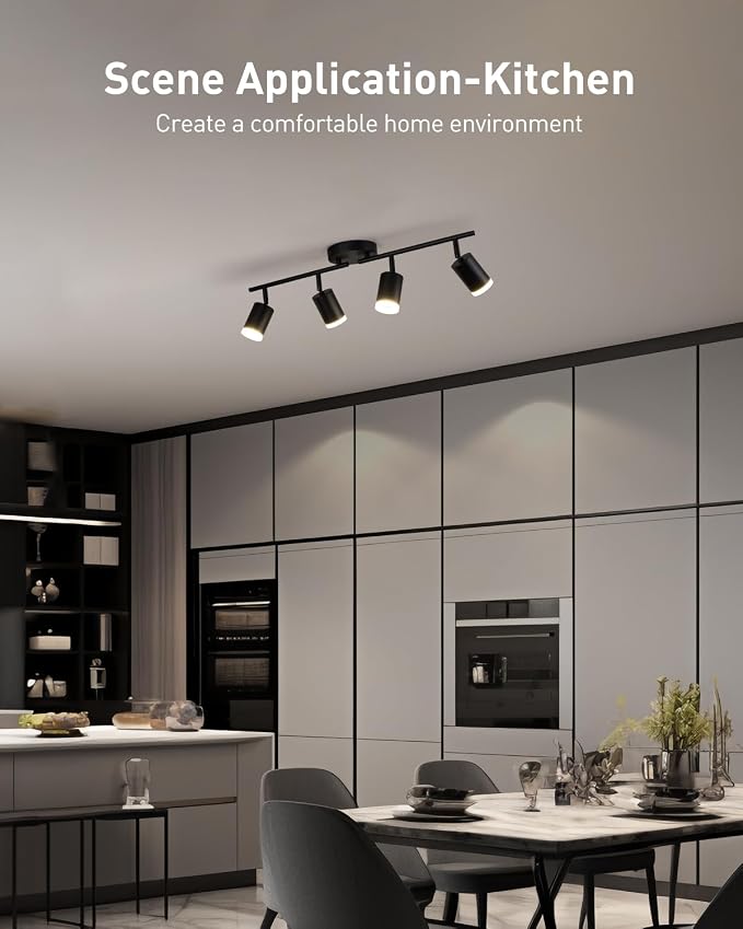 Bojim Flexible Led Track Lighting, 4-Light Black Track Lighting Fixtures Ceiling, Ceiling Spotlight with Foldable Light Arms for Kitchen, Closet, Bedroom(GU10 Socket, Bulbs Not Included)