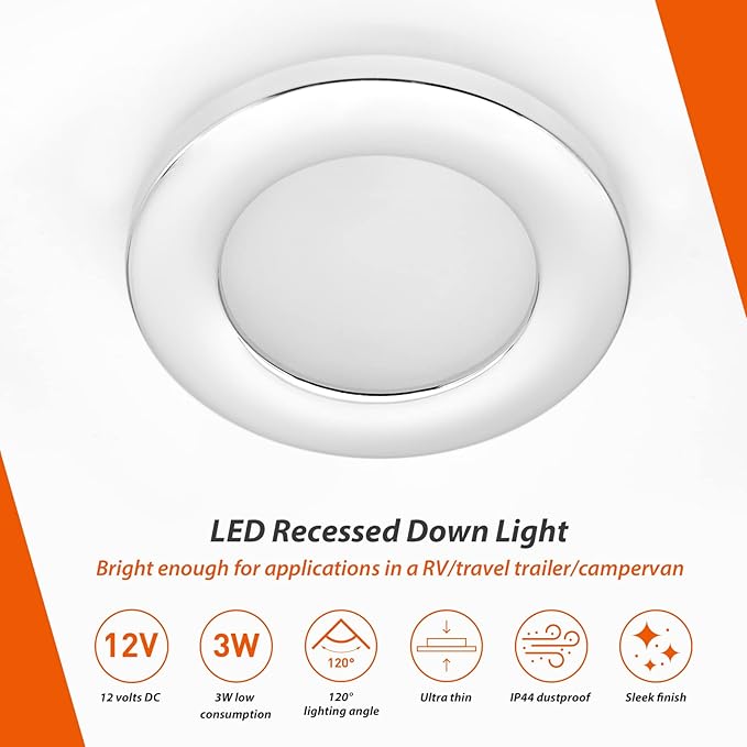Dream lighting LED RV Lights Under Cabinet Lighting 12 Volt Recessed RV Lights Interior Puck Light, 3 Watts 200 Lumens, 3000K-Warm White Light, 2.75inch Chrome Plastic Shell, No Switch, Pack of 6