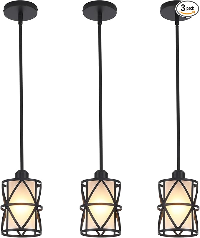 3 Pack Pendant Light Kitchen Island Pendant Light, Stem Rod Hanging Light with Spiral Cage Frosted Glass Shade, Black Modern Indoor Hanging Lamp