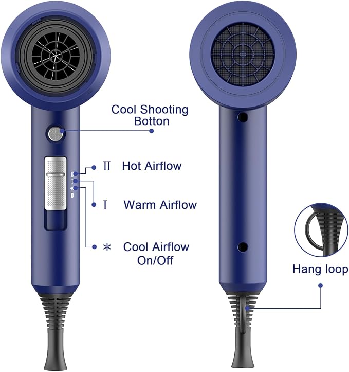 Slopehill Professional Ionic Hair Dryer, Powerful 1800W Fast Drying Low Noise Blow Dryer with 2 Concentrator Nozzle 1 Diffuser Attachments for Home Salon Travel (Prussian Blue)