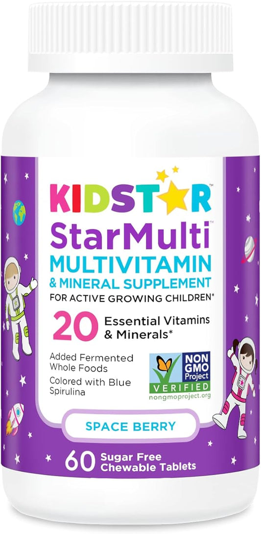 KidStar Nutrients StarMulti, Comprimés multivitaminés et multimineraux à croquer pour enfants, plus aliments entiers fermentés biologiques, végétalien, sans sucre, Space Berry, 60 comprimés à croquer