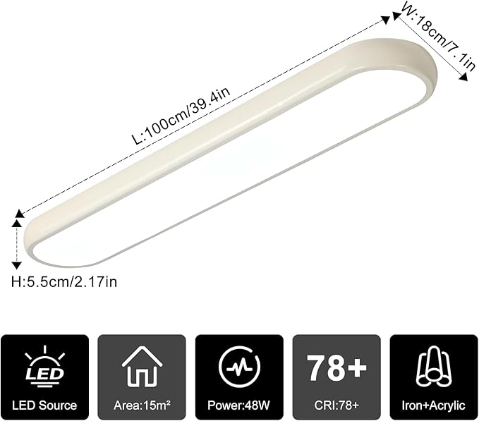 Qcyuui Dimmable LED Ceiling Light with Remote,39.4 in Long Ceiling Light Fixture,Modern Flush Mount Ceiling Lamp,Kitchen Lighting Fixtures Ceiling for Office Bedroom Hallway(Cream/48W)