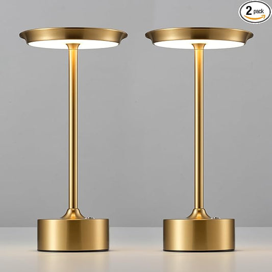 PUSU Rechargeable Table Lamps Set of 2, Gold Cordless LED 4000mAh Battery Desk Lamp, Stepless Dimming & 3 Color 2700K-6000K, Portable Lamp for Bedroom, Living Room, Restaurant, Outdoor, Night Light