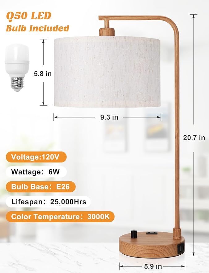 Innqoo Wood Table Lamp for Bedroom with USB Port and Outlet, Dimmable Nightstand Bedside Lamps with Linen Lampshade, Desk Lamp for Home Office, Living Room, Guest Room, LED Bulb Included